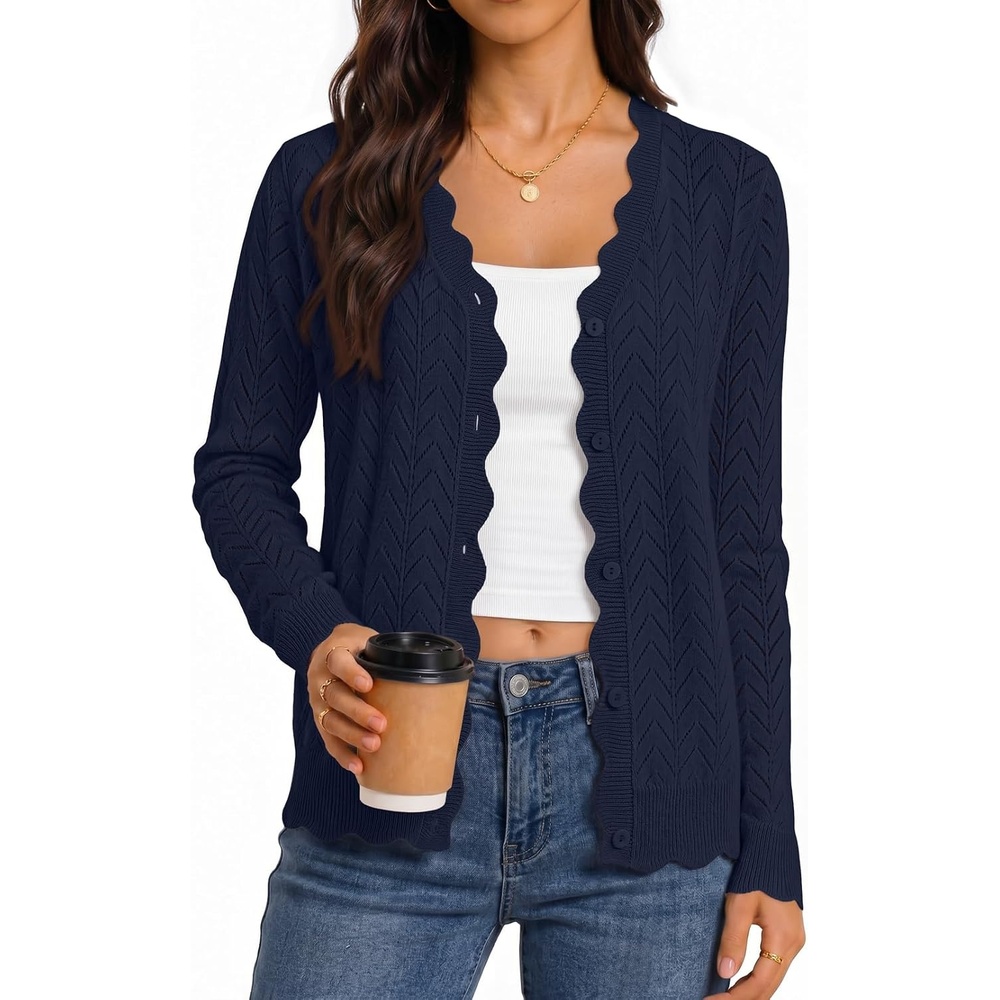 image:imageMEROKEETY Womens Fall Long Sleeve Open Front Cardigan Sweaters Button Up Scalloped V Neck Crochet Cardigan Hollow Out Lightweight Dressy Trendy Loose Fit Knit Jumper Sweater TopNavy