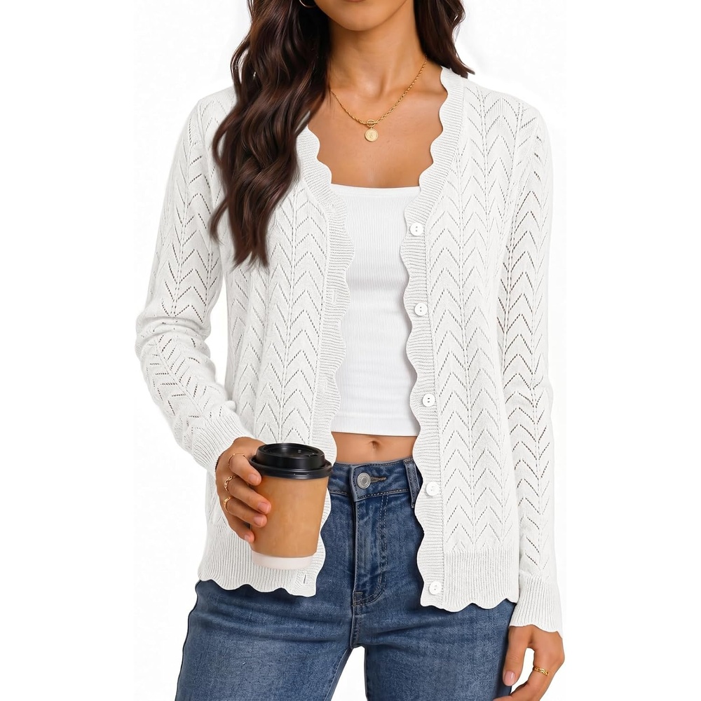 image:imageMEROKEETY Womens Fall Long Sleeve Open Front Cardigan Sweaters Button Up Scalloped V Neck Crochet Cardigan Hollow Out Lightweight Dressy Trendy Loose Fit Knit Jumper Sweater TopWhite