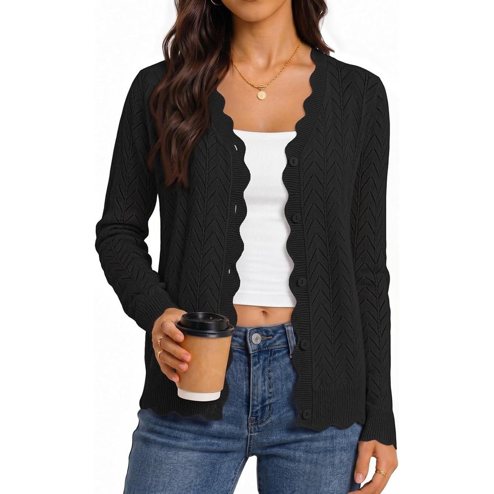 image:imageMEROKEETY Womens Fall Long Sleeve Open Front Cardigan Sweaters  Button Up Scalloped V Neck Crochet Cardigan Hollow Out Lightweight Dressy Trendy Loose Fit Knit Jumper Sweater TopBlack