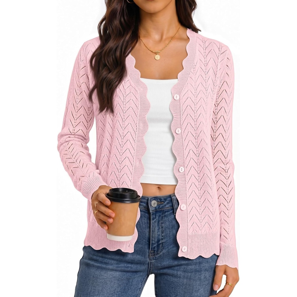 image:imageMEROKEETY Womens Fall Long Sleeve Open Front Cardigan Sweaters Button Up Scalloped V Neck Crochet Cardigan Hollow Out Lightweight Dressy Trendy Loose Fit Knit Jumper Sweater TopPink