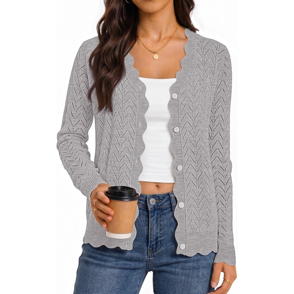 image:imageMEROKEETY Womens Fall Long Sleeve Open Front Cardigan Sweaters  Button Up Scalloped V Neck Crochet Cardigan Hollow Out Lightweight Dressy Trendy Loose Fit Knit Jumper Sweater TopGray