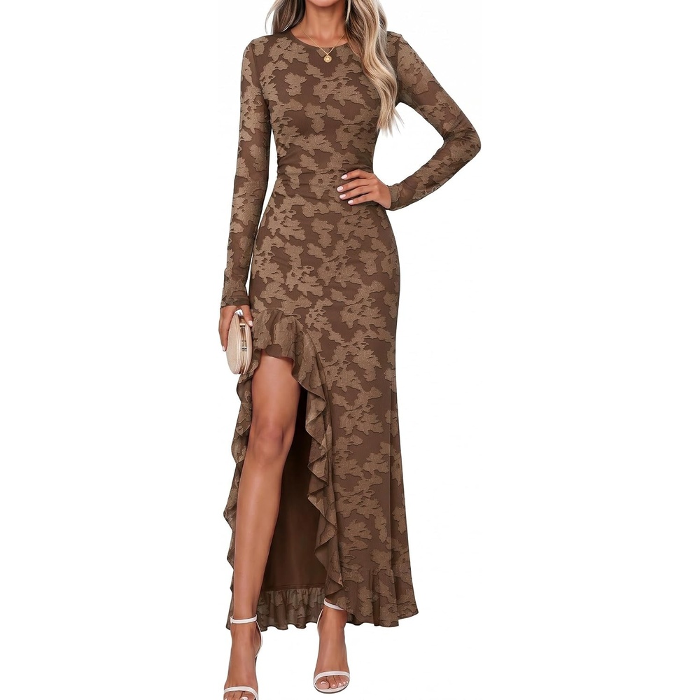 image:imageMEROKEETY Womens Fall Long Sleeve Wedding Guest Dress Formal Floral Ruffle Slit Ruched Bodycon Cocktail Party Maxi DressesBrown