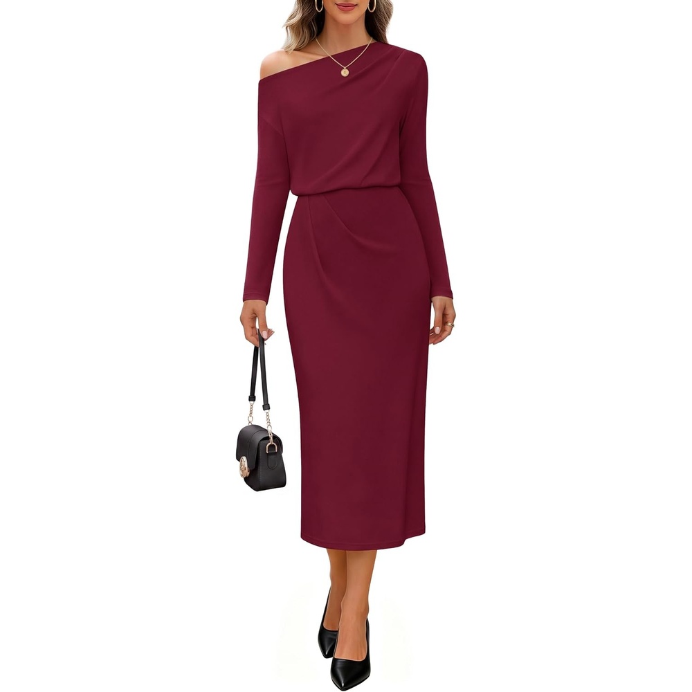 image:imageMEROKEETY Womens Fall Off The Shoulder Wedding Guest Cocktail Maxi Dress  Long Sleeve Ruched Waist Fitted Baby Shower Date Night Business Casual Elegant Formal Long Dresses 2026 WinterWine