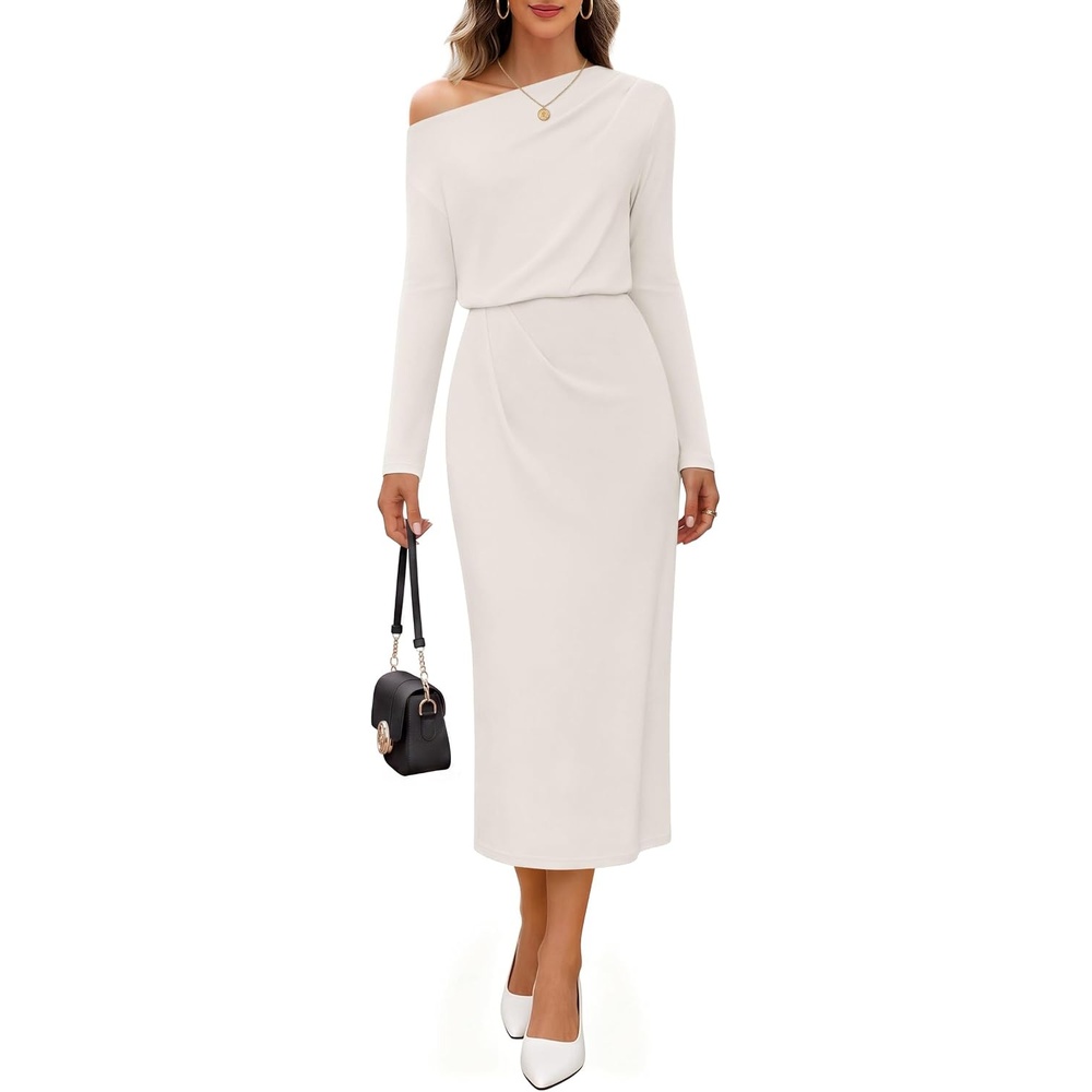 image:imageMEROKEETY Womens Fall Off The Shoulder Wedding Guest Cocktail Maxi Dress  Long Sleeve Ruched Waist Fitted Baby Shower Date Night Business Casual Elegant Formal Long Dresses 2026 WinterWhite