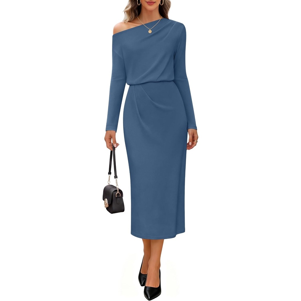 image:imageMEROKEETY Womens Fall Off The Shoulder Wedding Guest Cocktail Maxi Dress Long Sleeve Ruched Waist Fitted Baby Shower Date Night Business Casual Elegant Formal Long Dresses 2026 WinterDustyblue
