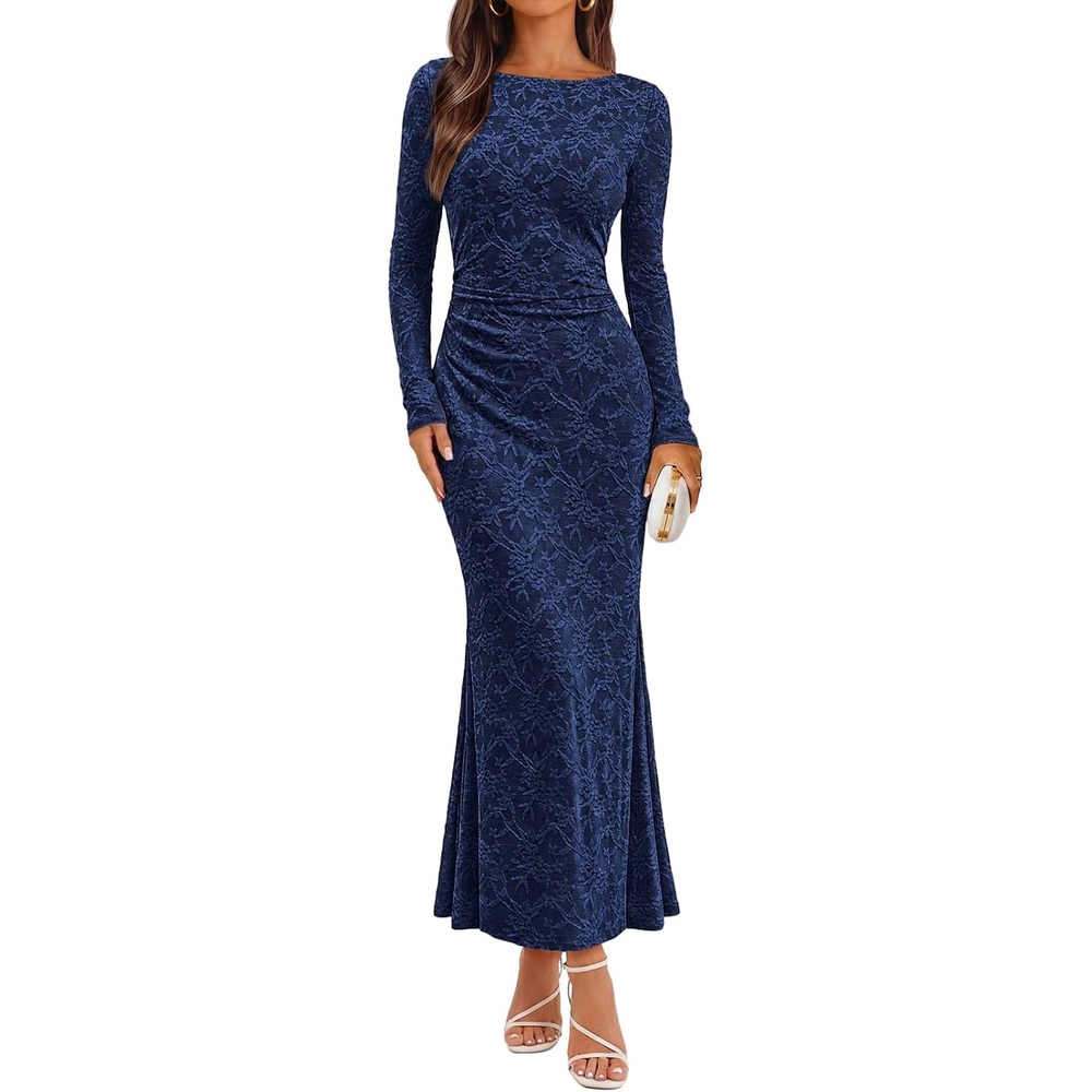 image:imageMEROKEETY Womens Fall Wedding Guest Bodycon Floral Maxi Dresses Long Sleeve Ruched Formal Elegant Cocktail Party Boat Neck Lace Jacquard Knit Mermaid Hem Sheer Sleeves Long DressNavy