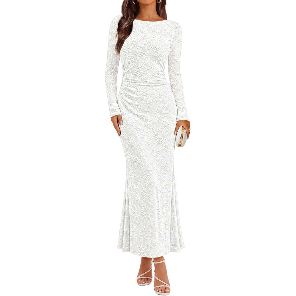 image:imageMEROKEETY Womens Fall Wedding Guest Bodycon Floral Maxi Dresses  Long Sleeve Ruched Formal Elegant Cocktail Party Boat Neck Lace Jacquard Knit Mermaid Hem Sheer Sleeves Long DressWhite