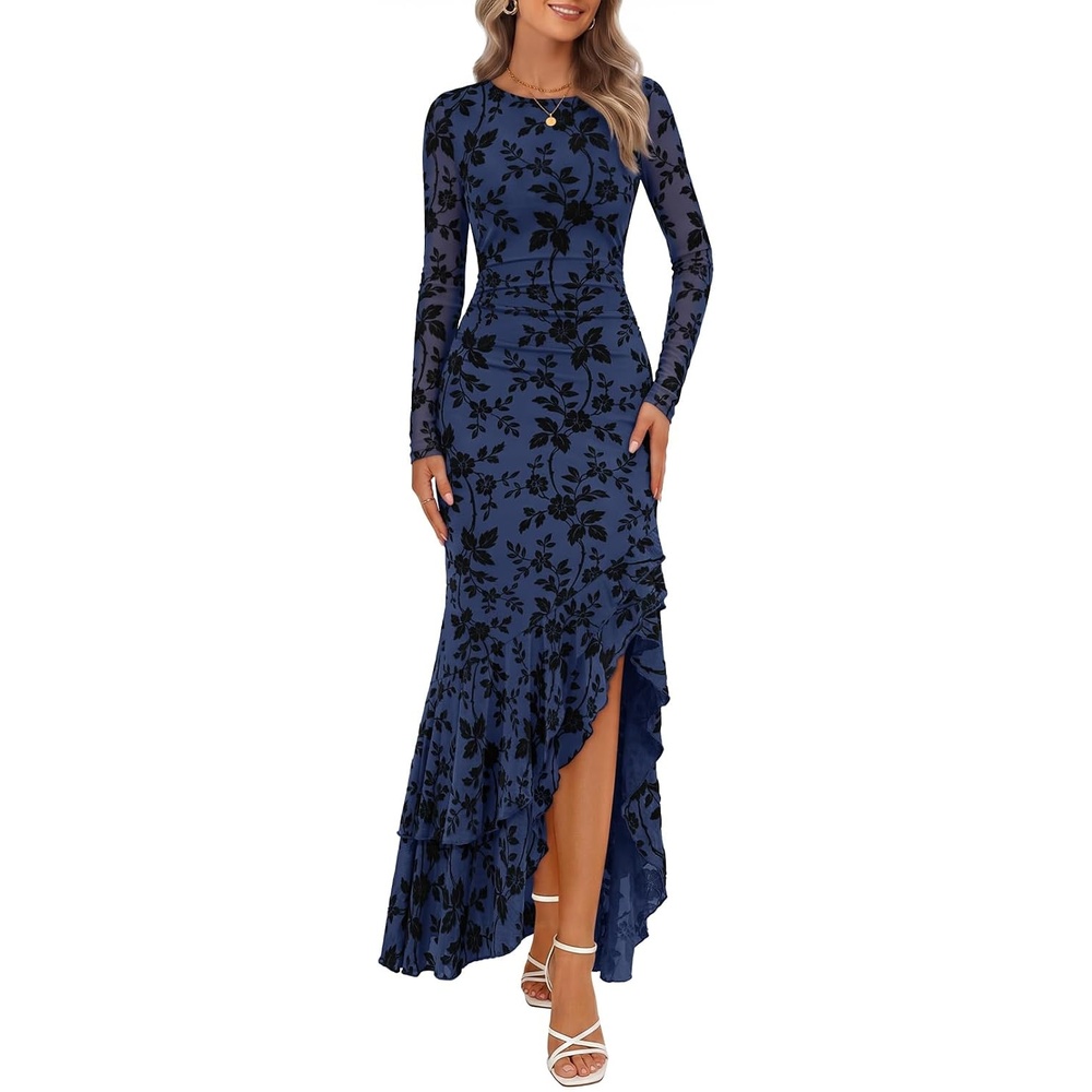 image:imageMEROKEETY Womens Fall Wedding Guest Cocktail Maxi Dresses Long Sleeve Floral Boat Neck Bodycon Asymmetric Ruffle Hem Mesh Sexy High Slit Floor Length 2026 Formal Long DressNavy
