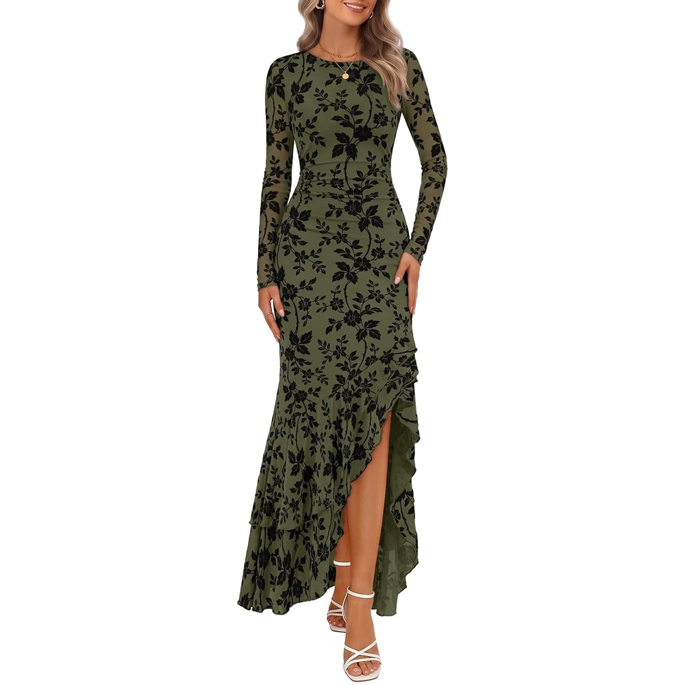 image:imageMEROKEETY Womens Fall Wedding Guest Cocktail Maxi Dresses Long Sleeve Floral Boat Neck Bodycon Asymmetric Ruffle Hem Mesh Sexy High Slit Floor Length 2026 Formal Long DressArmy Green