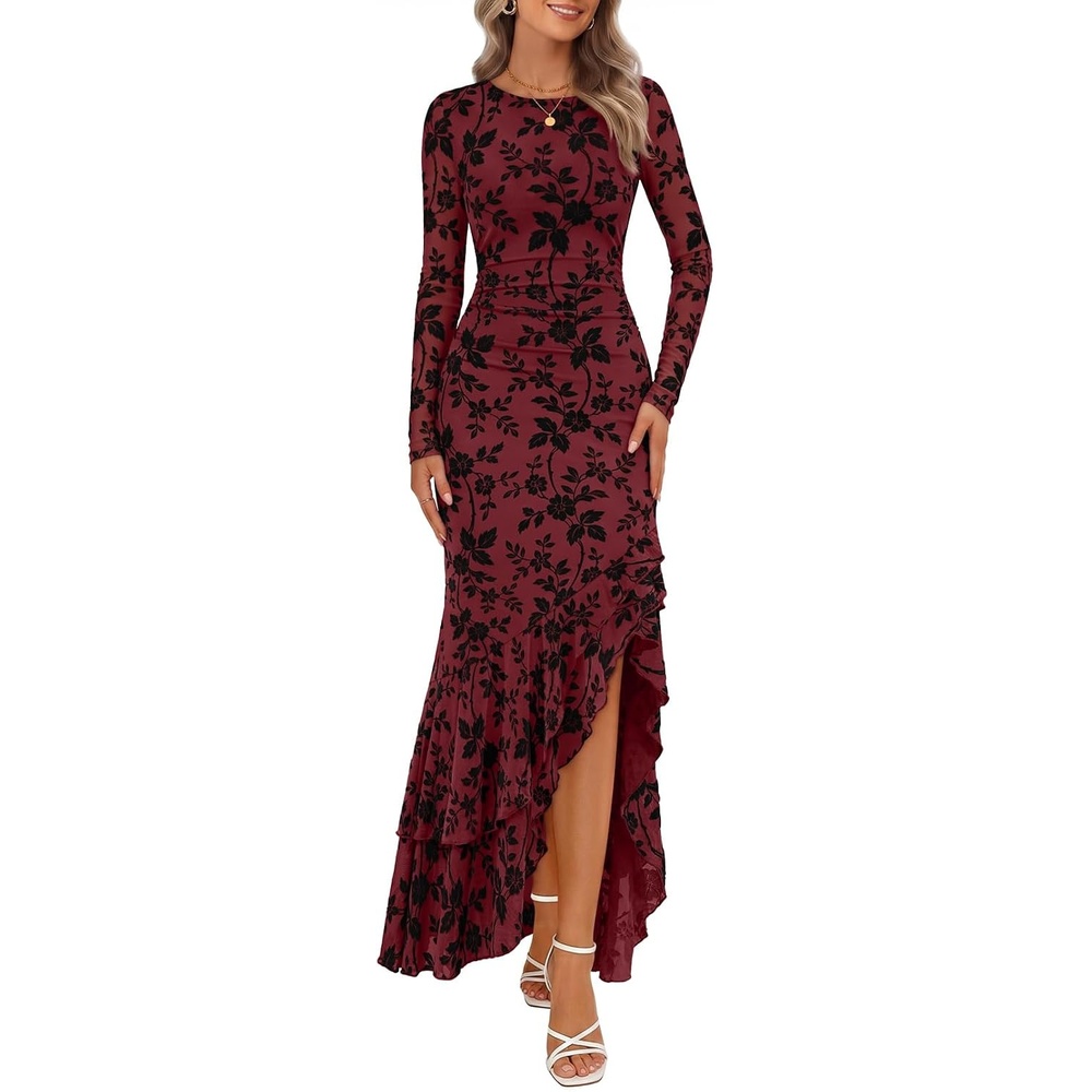 image:imageMEROKEETY Womens Fall Wedding Guest Cocktail Maxi Dresses Long Sleeve Floral Boat Neck Bodycon Asymmetric Ruffle Hem Mesh Sexy High Slit Floor Length 2026 Formal Long DressWine