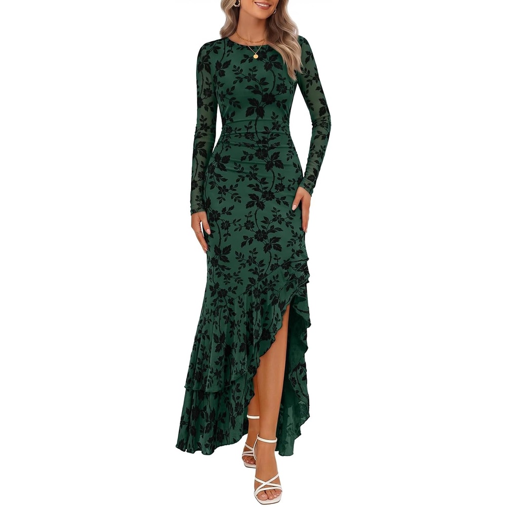 image:imageMEROKEETY Womens Fall Wedding Guest Cocktail Maxi Dresses Long Sleeve Floral Boat Neck Bodycon Asymmetric Ruffle Hem Mesh Sexy High Slit Floor Length 2026 Formal Long DressDark Green
