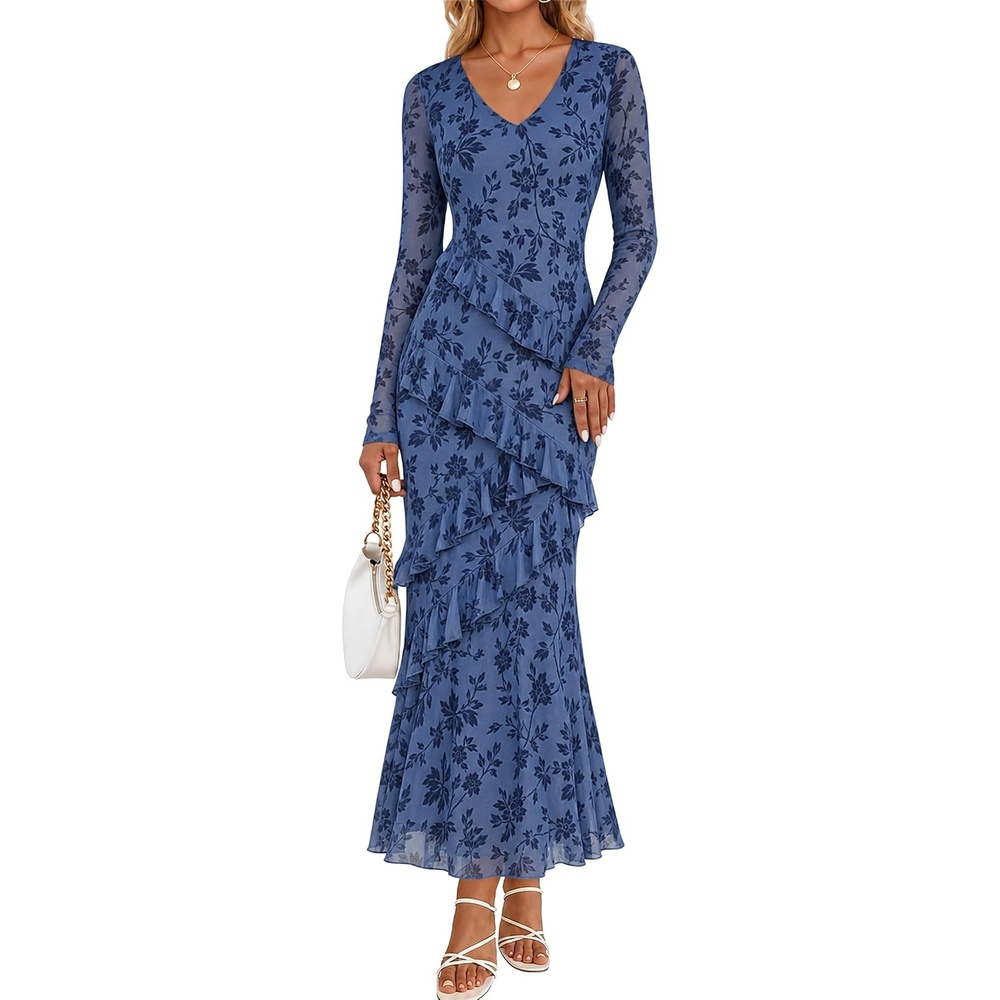 image:imageMEROKEETY Womens Fall Wedding Guest Floral Long Sleeve Bodycon Maxi Dress  2026 Formal V Neck Ruffle Trim Cocktail Party Rehearsal Dinner Bridal Shower Baby Shower Engagement Long DressesDustyblue