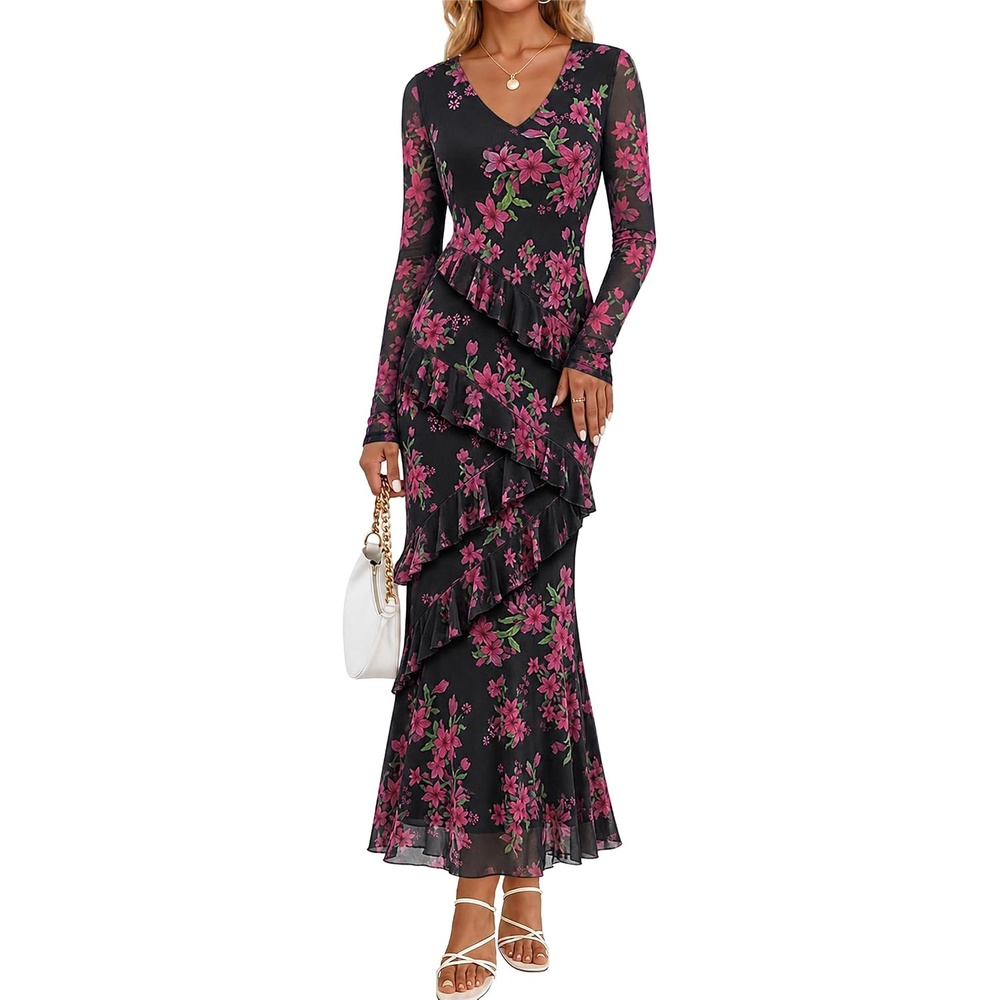 image:imageMEROKEETY Womens Fall Wedding Guest Floral Long Sleeve Bodycon Maxi Dress 2026 Formal V Neck Ruffle Trim Cocktail Party Rehearsal Dinner Bridal Shower Baby Shower Engagement Long DressesBlack