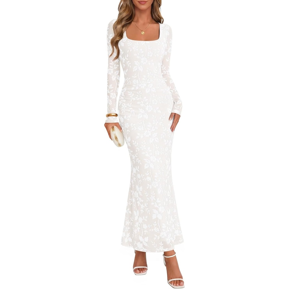 image:imageMEROKEETY Womens Fall Wedding Guest Long Sleeve Floral Mesh Maxi Dress 2026  Formal Square Neck Bodycon Fitted Ruched Flocked Fabric Church Baby Shower Bridal Shower Cocktail Party Long DressWhite