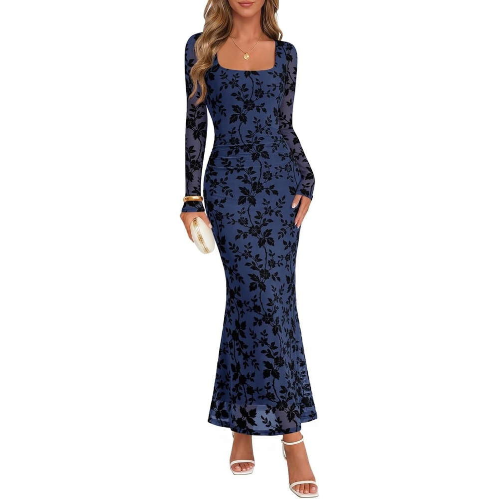 image:imageMEROKEETY Womens Fall Wedding Guest Long Sleeve Floral Mesh Maxi Dress 2026  Formal Square Neck Bodycon Fitted Ruched Flocked Fabric Church Baby Shower Bridal Shower Cocktail Party Long DressNavy
