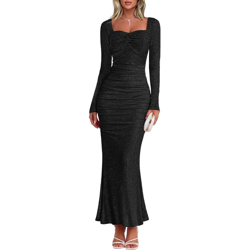image:imageMEROKEETY Womens Fall Wedding Guest Long Sleeve Sparkly Bodycon Maxi Dress Long Sleeve Ruched Square Neck Fitted Mermaid Hem Glitter Cocktail Party Elegant Evening Gown Prom Long DressesBlack