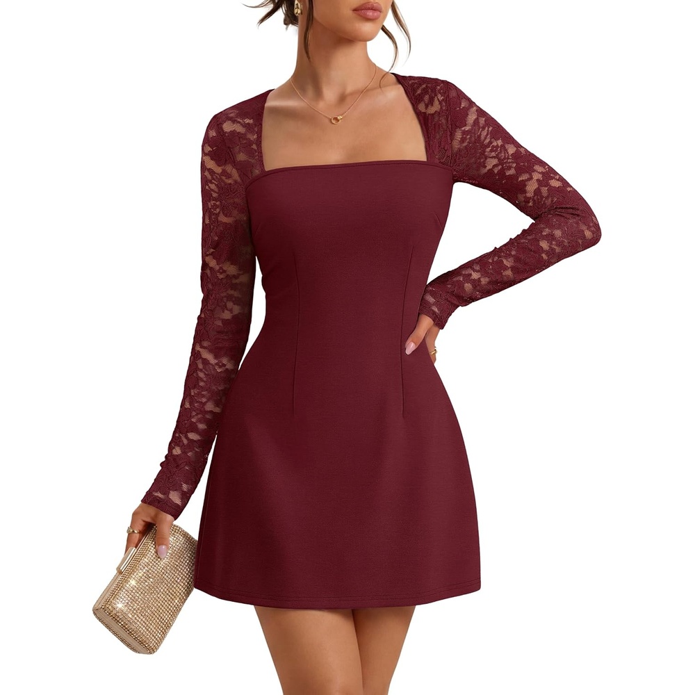 image:imageMEROKEETY Womens Lace Long Sleeve Square Neck Cocktail Club Mini Dress  Square Neck Party Date Night Wedding Guest Aline Slim Fit Short Dress Fall Elegant Dressy Formal Knit High WaistWine