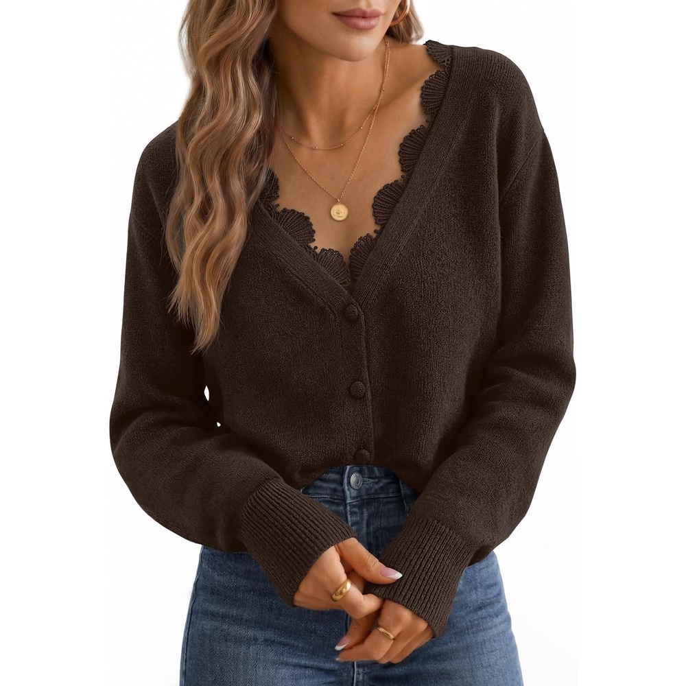 image:imageMEROKEETY Womens Lace V Neck Cardigan Sweaters Fall Trendy Fashion Clothes Long Sleeve Button Up Cozy Stretchy Lightweight Soft Knit Sweaters Elegant Dressy Outfits Business Casual Warm CoatsCoffee