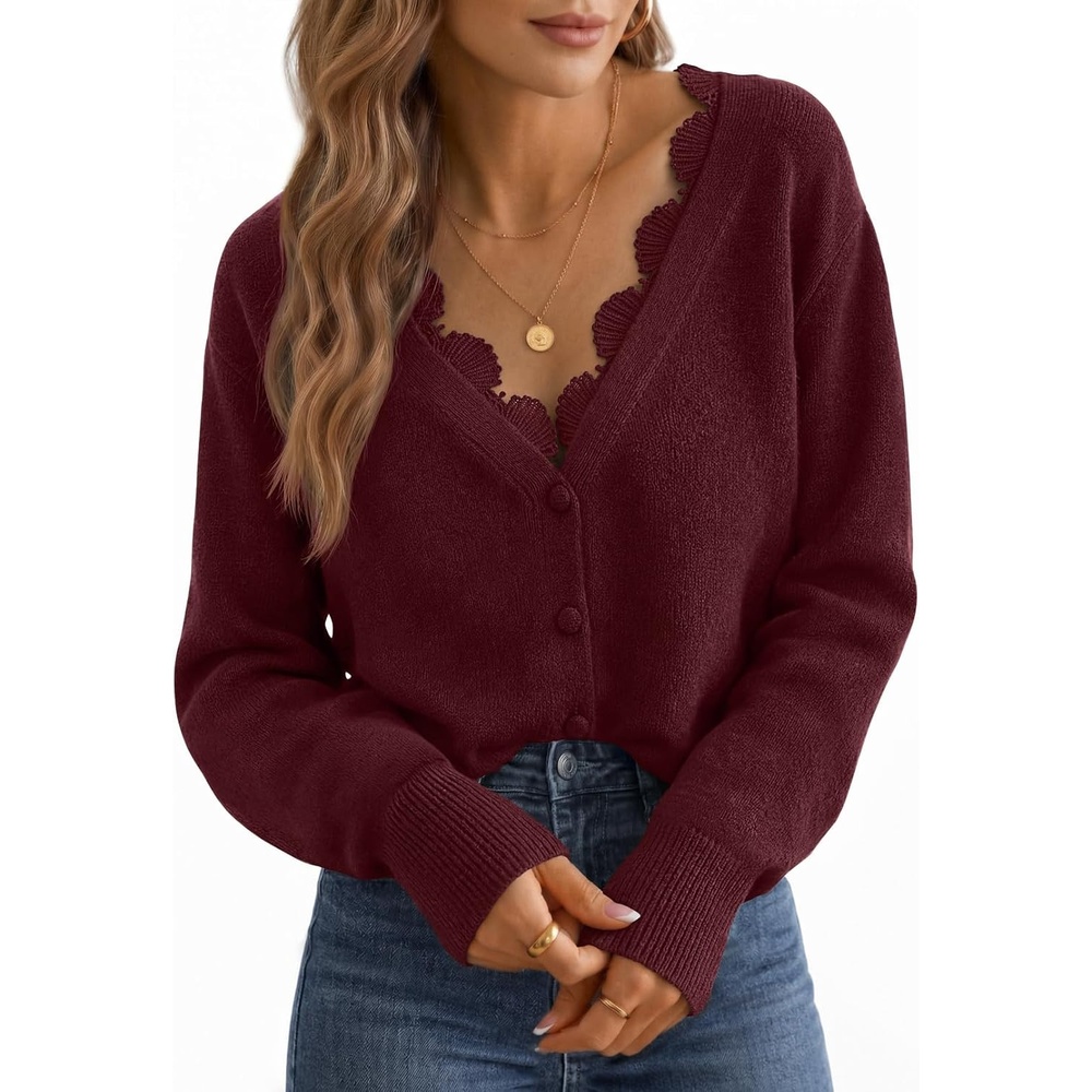image:imageMEROKEETY Womens Lace V Neck Cardigan Sweaters Fall Trendy Fashion Clothes Long Sleeve Button Up Cozy Stretchy Lightweight Soft Knit Sweaters Elegant Dressy Outfits Business Casual Warm CoatsBurgundy
