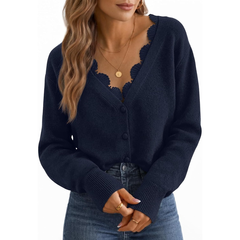 image:imageMEROKEETY Womens Lace V Neck Cardigan Sweaters Fall Trendy Fashion Clothes  Long Sleeve Button Up Cozy Stretchy Lightweight Soft Knit Sweaters Elegant Dressy Outfits Business Casual Warm CoatsNavy