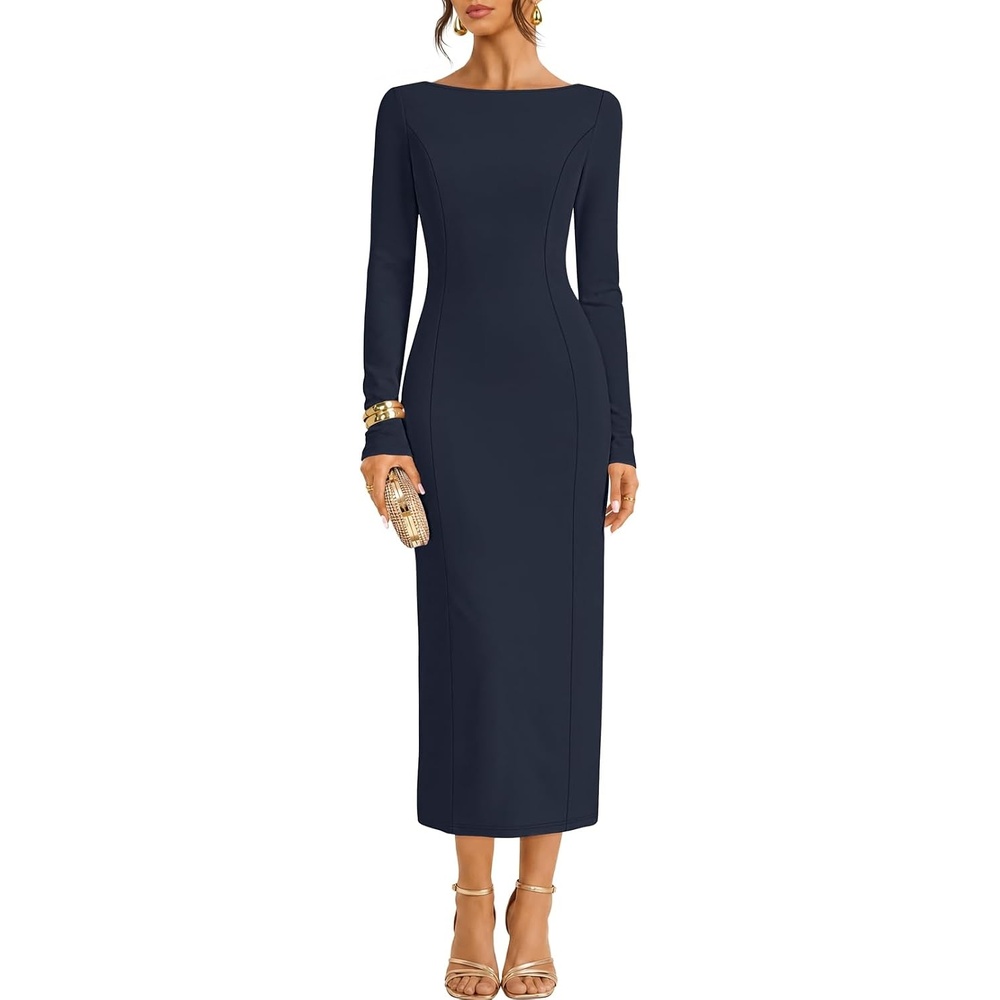 image:imageMEROKEETY Womens Long Sleeve Bodycon Fall Wedding Guest Elegant Maxi Dress  Classic Boat Neck Slim Fit Double Lined 2026 Trendy Fashion Modest Minimalist Design Formal Cocktail Party Long DressesNavy