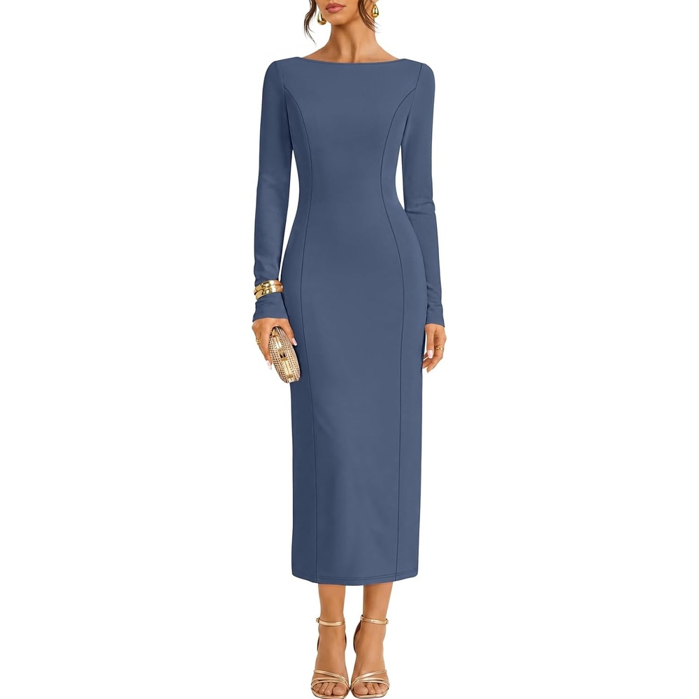 image:imageMEROKEETY Womens Long Sleeve Bodycon Fall Wedding Guest Elegant Maxi Dress  Classic Boat Neck Slim Fit Double Lined 2026 Trendy Fashion Modest Minimalist Design Formal Cocktail Party Long DressesDustyblue