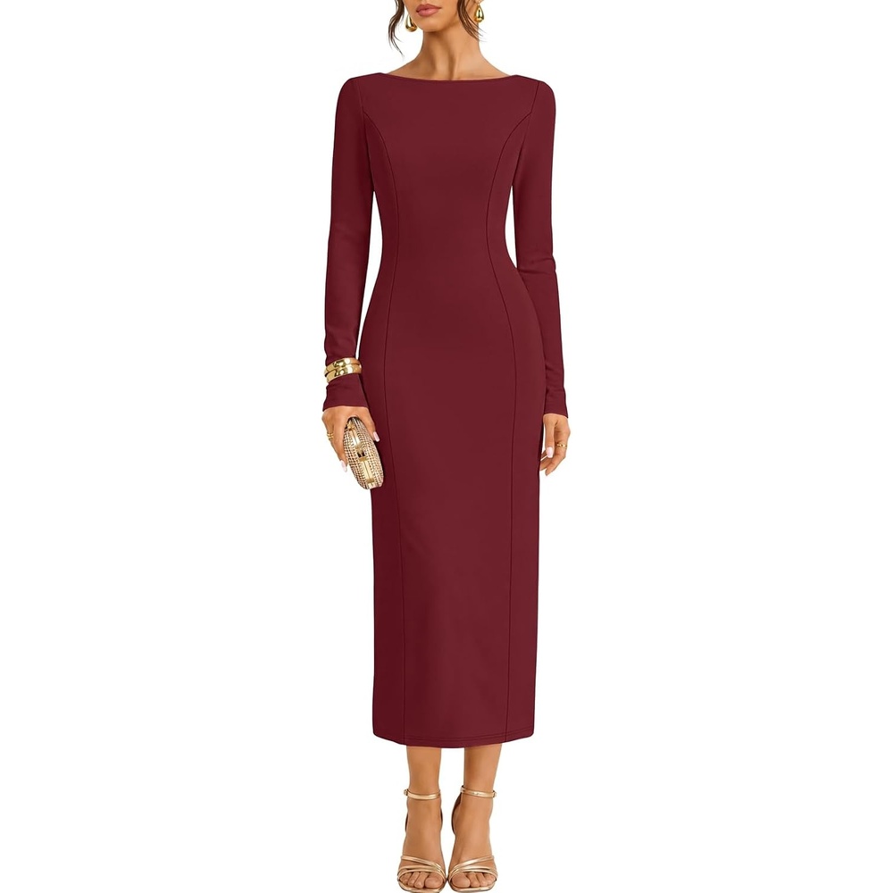 image:imageMEROKEETY Womens Long Sleeve Bodycon Fall Wedding Guest Elegant Maxi Dress  Classic Boat Neck Slim Fit Double Lined 2026 Trendy Fashion Modest Minimalist Design Formal Cocktail Party Long DressesWine