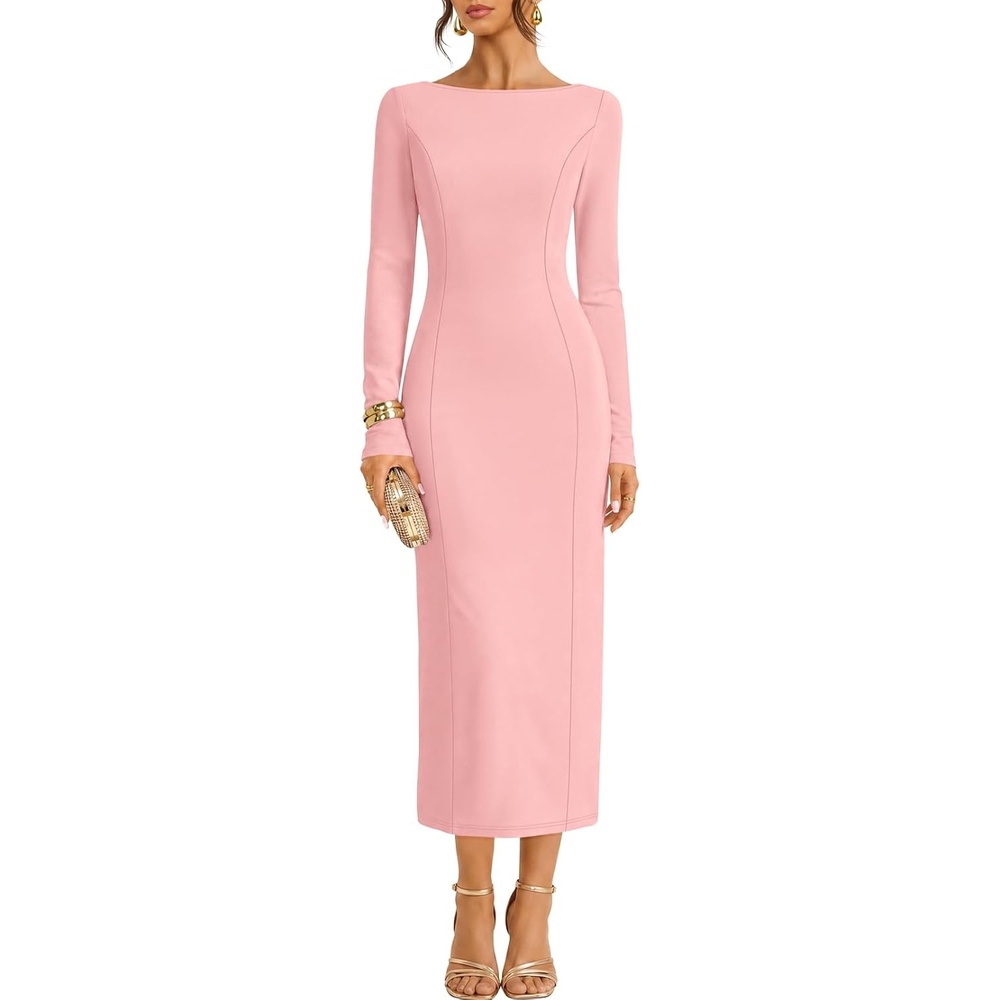 image:imageMEROKEETY Womens Long Sleeve Bodycon Fall Wedding Guest Elegant Maxi Dress  Classic Boat Neck Slim Fit Double Lined 2026 Trendy Fashion Modest Minimalist Design Formal Cocktail Party Long DressesPink