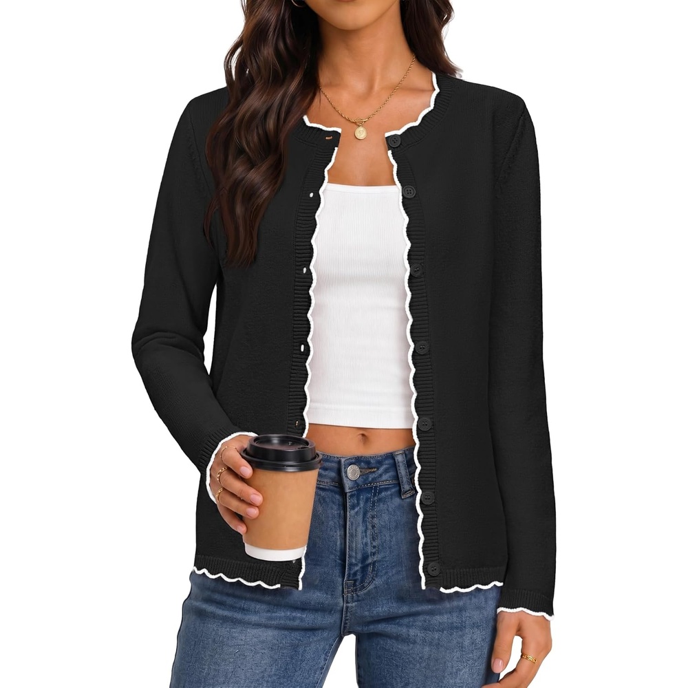 image:imageMEROKEETY Womens Long Sleeve Button Down Cardigan Sweater 2026 Fall Trendy Open Front Crew Neck Soft Knitted Sweaters CoatBlack