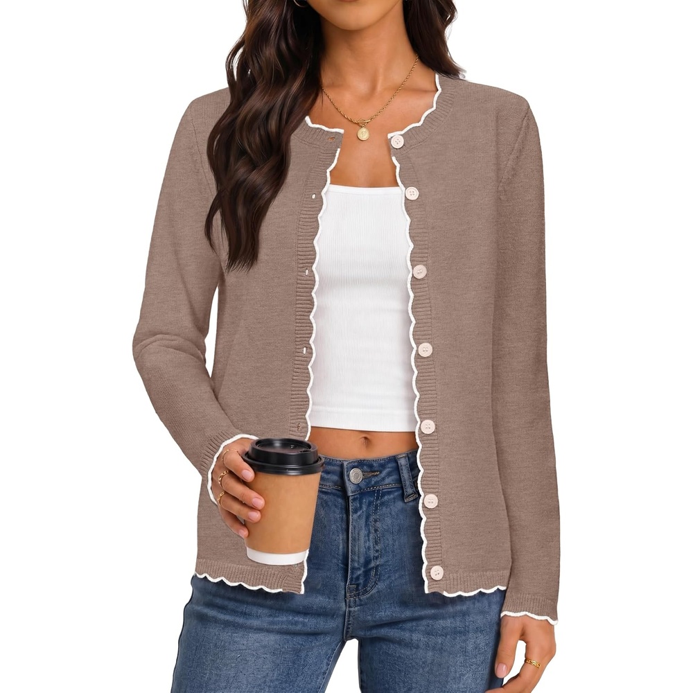 image:imageMEROKEETY Womens Long Sleeve Button Down Cardigan Sweater 2026 Fall Trendy Open Front Crew Neck Soft Knitted Sweaters CoatCamel