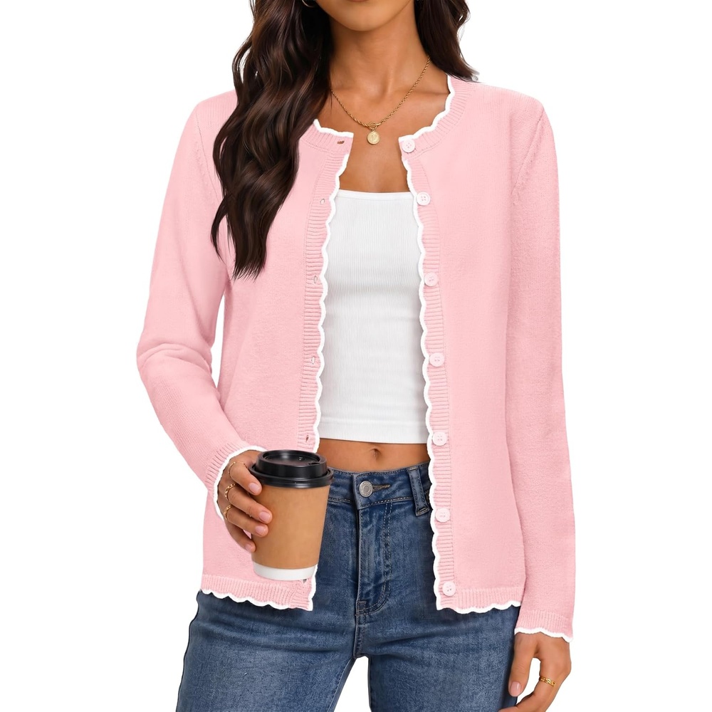 image:imageMEROKEETY Womens Long Sleeve Button Down Cardigan Sweater 2026 Fall Trendy Open Front Crew Neck Soft Knitted Sweaters CoatPink
