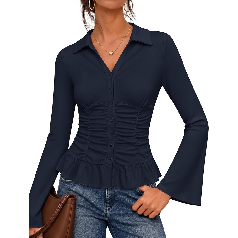 image:imageMEROKEETY Womens Long Sleeve Button Down Shirts 2026 Fall Collared Ruched V Neck Business Casual Tops Ruffle Knit BlousesNavy