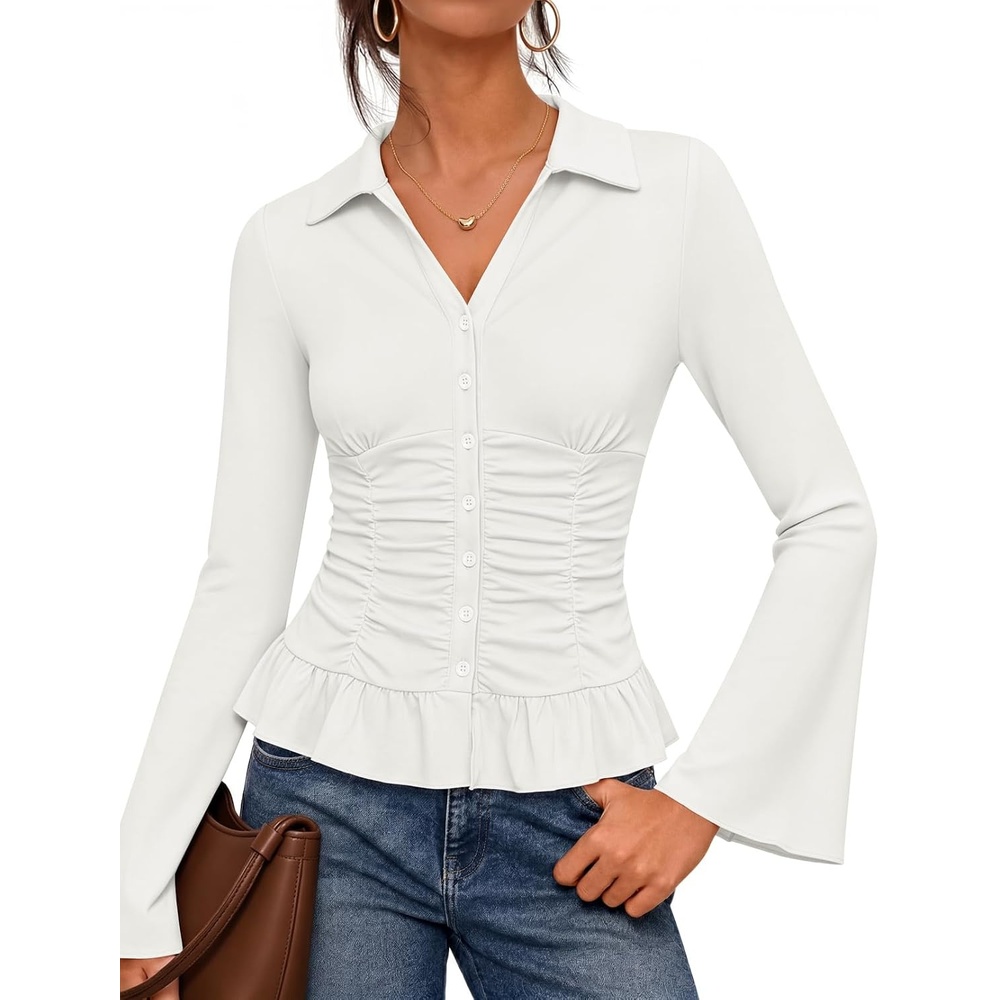 image:imageMEROKEETY Womens Long Sleeve Button Down Shirts 2026 Fall Collared Ruched V Neck Business Casual Tops Ruffle Knit BlousesWhite