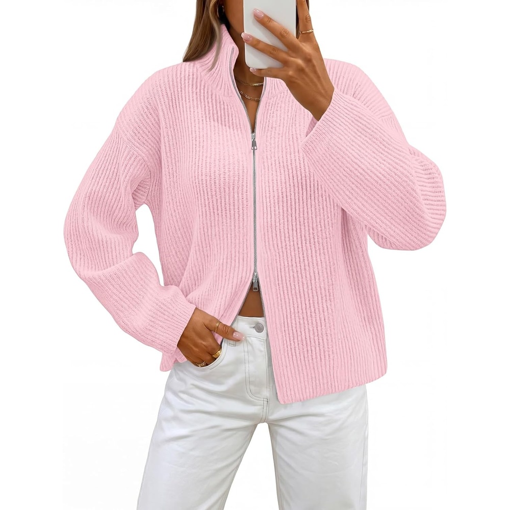 image:imageMEROKEETY Womens Long Sleeve Chunky Knit Mock Neck Cardigan Sweaters 2026 Zip Up Ribbed Tops Open Front Jackets Coats Drop Shoulder Outerwear Trendy Outfits Fall Fashion Warm Winter ClothingPink