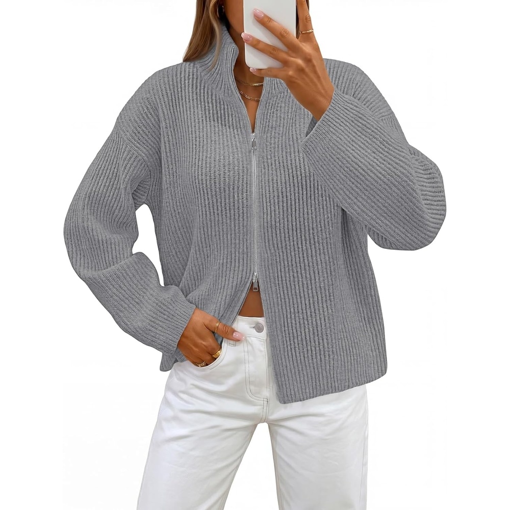 image:imageMEROKEETY Womens Long Sleeve Chunky Knit Mock Neck Cardigan Sweaters 2026 Zip Up Ribbed Tops Open Front Jackets Coats Drop Shoulder Outerwear Trendy Outfits Fall Fashion Warm Winter ClothingGrey