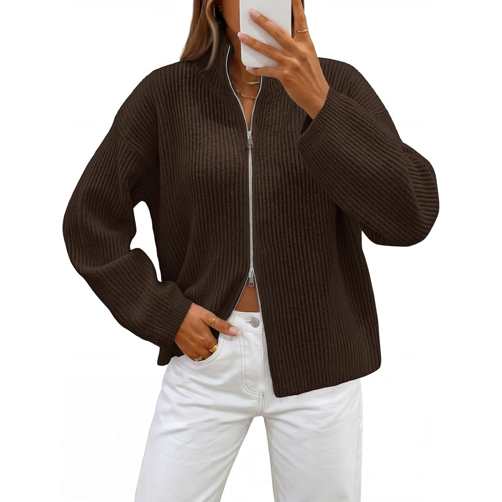 image:imageMEROKEETY Womens Long Sleeve Chunky Knit Mock Neck Cardigan Sweaters 2026 Zip Up Ribbed Tops Open Front Jackets Coats Drop Shoulder Outerwear Trendy Outfits Fall Fashion Warm Winter ClothingCoffee