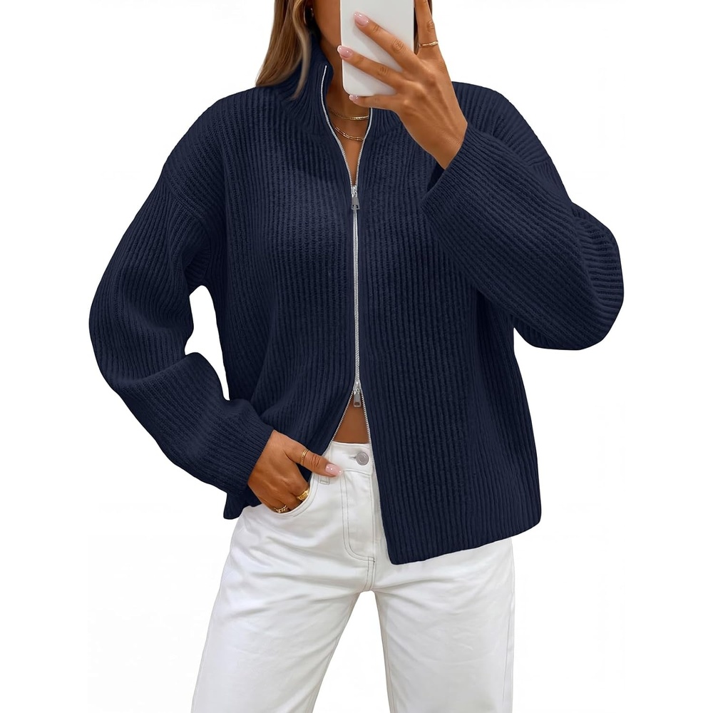 image:imageMEROKEETY Womens Long Sleeve Chunky Knit Mock Neck Cardigan Sweaters 2026 Zip Up Ribbed Tops Open Front Jackets Coats Drop Shoulder Outerwear Trendy Outfits Fall Fashion Warm Winter ClothingNavy