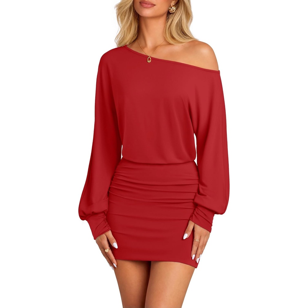 image:imageMEROKEETY Womens Off Shoulder Fall Long Sleeve Cocktail Party Mini Dresses Bodycon Dolman Sleeve Asymmetrical Ruched Waist High Waist Slim Fit Date Night Cocktail Party Y2K Club Short DressRed