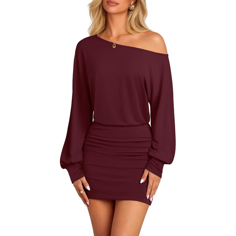 image:imageMEROKEETY Womens Off Shoulder Fall Long Sleeve Cocktail Party Mini Dresses Bodycon Dolman Sleeve Asymmetrical Ruched Waist High Waist Slim Fit Date Night Cocktail Party Y2K Club Short DressBurgundy