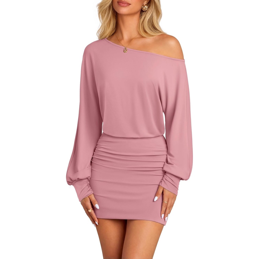 image:imageMEROKEETY Womens Off Shoulder Fall Long Sleeve Cocktail Party Mini Dresses Bodycon Dolman Sleeve Asymmetrical Ruched Waist High Waist Slim Fit Date Night Cocktail Party Y2K Club Short DressPink