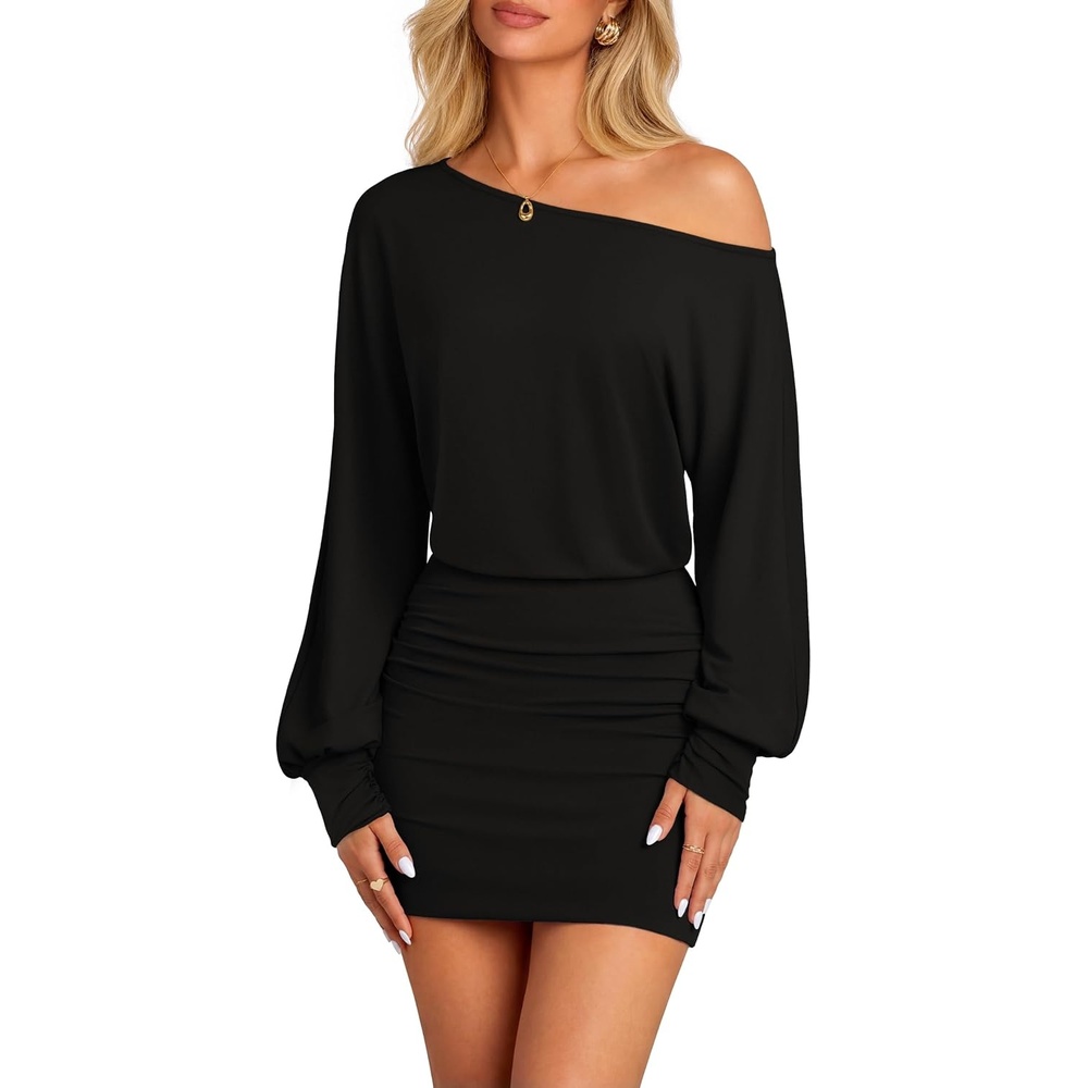 image:imageMEROKEETY Womens Off Shoulder Fall Long Sleeve Cocktail Party Mini Dresses Bodycon Dolman Sleeve Asymmetrical Ruched Waist High Waist Slim Fit Date Night Cocktail Party Y2K Club Short DressBlack