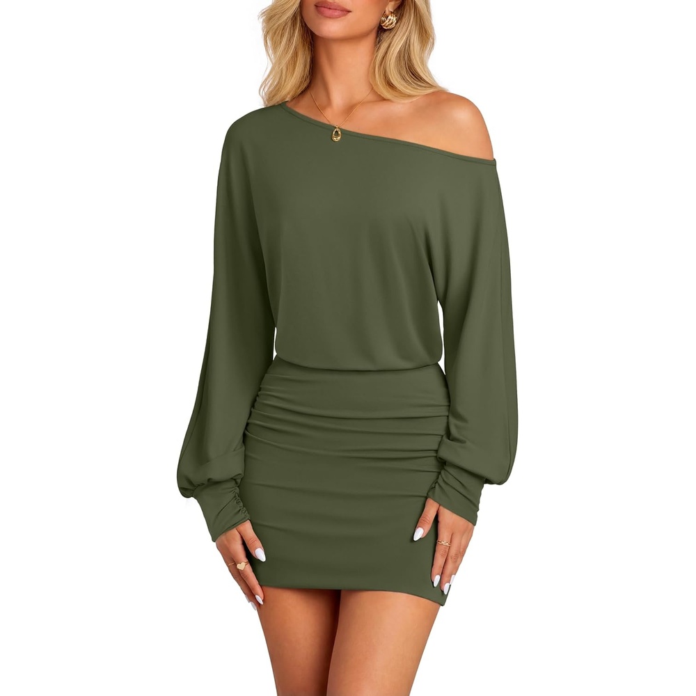 image:imageMEROKEETY Womens Off Shoulder Fall Long Sleeve Cocktail Party Mini Dresses  Bodycon Dolman Sleeve Asymmetrical Ruched Waist High Waist Slim Fit Date Night Cocktail Party Y2K Club Short DressArmy Green