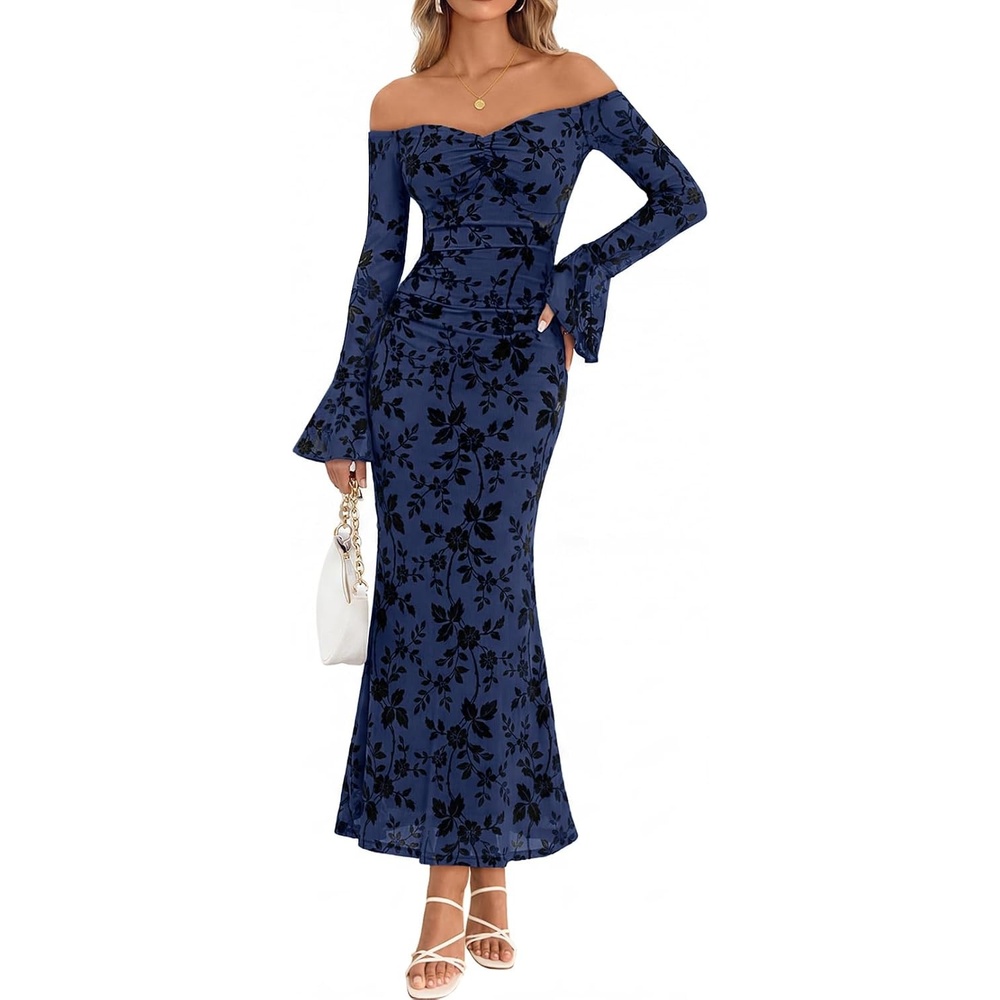 image:imageMEROKEETY Womens Off The Shoulder Bodycon Fall Wedding Guest Maxi Dress  Bell Long Sleeve Floral Mesh Fully Lined Ruched Bust 2026 Winter Elegant Sexy Trendy Formal Cocktail Date night DressesNavy