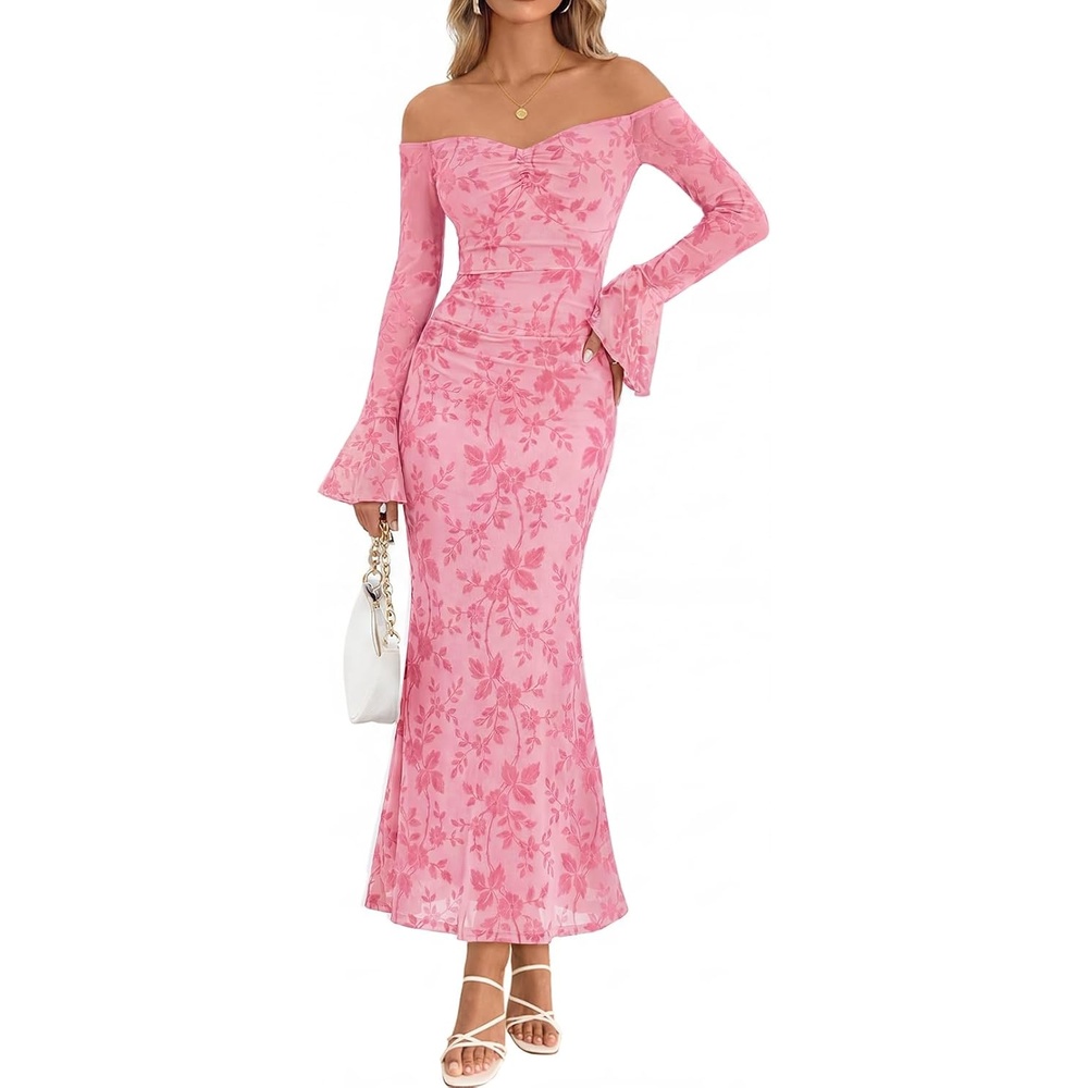 image:imageMEROKEETY Womens Off The Shoulder Bodycon Fall Wedding Guest Maxi Dress  Bell Long Sleeve Floral Mesh Fully Lined Ruched Bust 2026 Winter Elegant Sexy Trendy Formal Cocktail Date night DressesPink