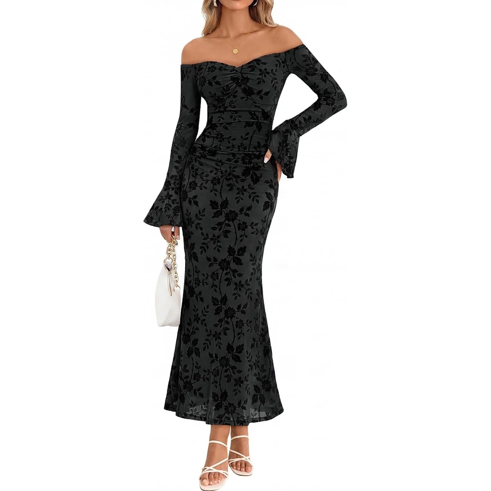 image:imageMEROKEETY Womens Off The Shoulder Bodycon Fall Wedding Guest Maxi Dress Bell Long Sleeve Floral Mesh Fully Lined Ruched Bust 2026 Winter Elegant Sexy Trendy Formal Cocktail Date night DressesBlack