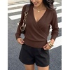 MEROKEETY 2026 Fall V Neck Wrap Sweaters for Women Knit Tops | Long Sleeve, Cozy Knit, Hidden Snap, Dressy Casual Pullover Shirts, Fashion Jumper, Fall Winter Clothing(Brown)