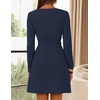 MEROKEETY Women’s Fall Business Casual Work Office Long Sleeve Mini Dress | A Line, Bodycon, Elegant Classy, Cocktail, Dinner, Office, Decorative Faux Pockets, Floral Button, Back Zipper, Elastic Belt(Navy)