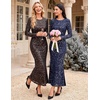 MEROKEETY Womens Fall Formal Long Sleeve Sequin Bodycon Maxi Dress 2026 | Sparkly, Jacquard Mesh Shell, Lined, Floral Lace, Fancy, Cocktail Party, Dinner, Evening, Holiday, Wedding Guest Long Dress(Brown)