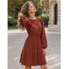 MEROKEETY Women’s Fall Long Puff Sleeve Casual Boho Flowy Dress | Crew Neck, Elastic Waist, Tiered Ruffle Hem, Cotton A Line Mini Vacation Dresses, Bridal Shower, Cocktail Date Night Outfits(Brown Red)