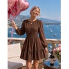 MEROKEETY Women’s Fall Long Puff Sleeve Casual Boho Flowy Dress | Crew Neck, Elastic Waist, Tiered Ruffle Hem, Cotton A Line Mini Vacation Dresses, Bridal Shower, Cocktail Date Night Outfits(Coffee)